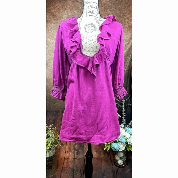 Free People Ruffled Collar 3/4 Sleeves Deep V Front Morning Light Mini Dress XS - Picture 1 of 13